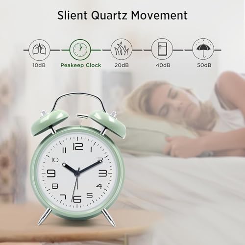 Image of Azyh Loud Alarm Clock for Heavy Sleepers Adults, Metal 4 Inches Twin Bell Battery Operated Alarm Clocks for Bedrooms Decoration, Silent Non-Ticking Back-to-School Gift (Mint Green)