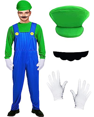 Mario and Luigi Costume Outfit Adult Men Women Ladies with Hat Moustache Gloves Mario Costume Fancy Dress Outfit Suit for Halloween Carnival World Book Day Party Cosplay Dressing Up (Green-XL)