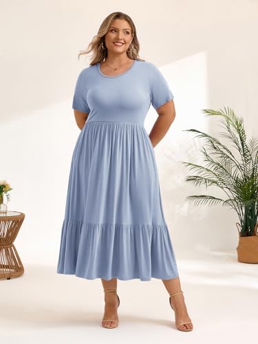Image of LARACE Plus Size Dresses for Women Summer Casual Short Sleeve Long Dress Flowy Maxi Beach Dresses with Pockets L-6XL