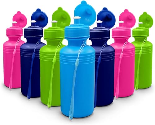 4E's Novelty Botellas de deportes acuáticos a granel para niños (paquete de 24) botellas de agua reutilizables de plástico de colores neón sin BPA para bicicleta