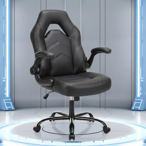 Image of OLIXIS Computer Gaming Desk Chair - Ergonomic Video Game with Comfy Lumbar Support and headrest, PU Leather with Flip-up Arms, Adjustable Height and Swivel Wheels, for Adults, Black