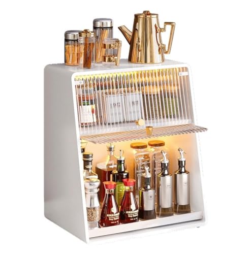 Especiero Estantería de Especias Portaespecias Estante De Especias De Metal De 2 Niveles Con Puerta Spice Caddy Organizador De Encimera De Cocina Con Luz De Carga USB Especieros Especiero Organizador