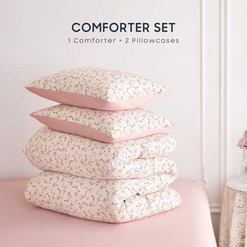 Image of Wake In Cloud - Floral Comforter Set, Coquette Cottagecore Aesthetic Cute Flower Pattern for Women Teen Girls, Soft Lightweight Dorm Bedding, 3 Pieces, Dusty Pink, Queen Size