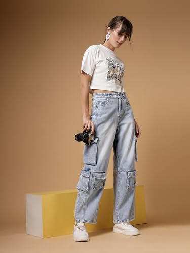 Image of Cargo Blue Jeans for Woman | Straight Cargo Pants with Multiple Pockets | High Rise Denim Jeans for Women