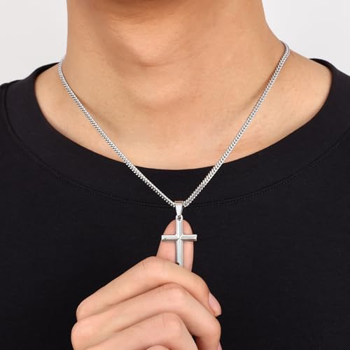 Image of Fiusem Silver Tone /Black /14K Gold Plated Cross Necklace for Men, Beveled Edge Pandent Mens Necklace, 3.5MM Stainless Steel Cuban Chain, 16-24 Inches Jewelry Gifts