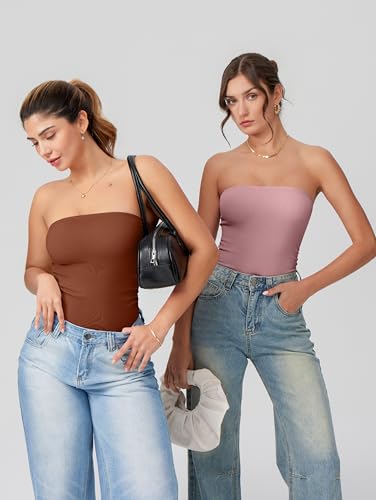 Image of OQQ Womens Tube Bodysuits Strapless Basic Sleeveless Ruched Stretch Classic-Fit Tops Sexy Bodysuits