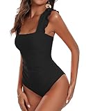 Ekouaer Women's One Piece Swimsuits Square Neck Tummy Control Bathing Suit with Adjustable Ruffled Straps Swimwear Lrage, Black