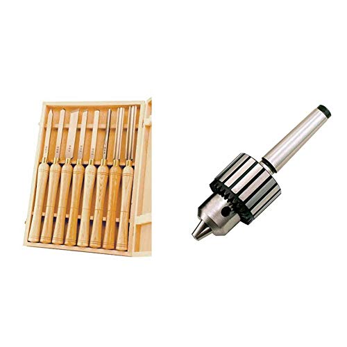 PSI Woodworking LCHSS8 Wood Lathe 8pc HSS Chisel Set & Products TM32 1/2-Inch Drill Chuck with #2 Morse Taper Arbor (1/2" 2MT)