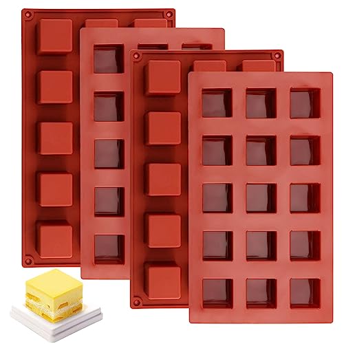 SINJEUN 4 Pack Silicone Brownie Baking Tin, Brick Red Silicone Brownie Mould with 15 Grids Square Silicone Baking Mould for Ice Cubes, Chocolates and Biscuits