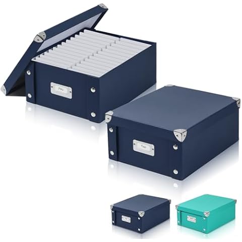 DLUGOPIS 2 Pcs Inch Checks Storage Box with Lid Document Boxes Document Bin Banker Boxes Foldable Receipt Box Storage Navy Blue Cardboard Record Boxes For Business Pesonal Books Files 12"x10"x5" Cover