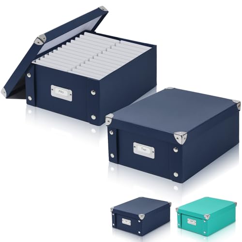 DLUGOPIS 2 Pcs Inch Checks Storage Box with Lid Document Boxes Document Bin Banker Boxes Foldable Receipt Box Storage Navy Blue Cardboard Record Boxes For Business Pesonal Books Files 12x10x5