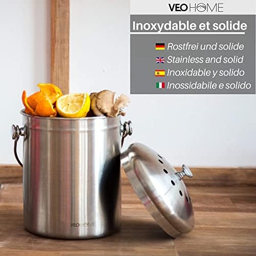 Kitchen Compost Bin with Charcoal Filter (1.3 Gallon) - Rust-Resistant Stainless Steel, 100% Airtight to Avoid Odor from Organic Food Waste at Home | Eco-Friendly and Durable Indoor Composter Pail