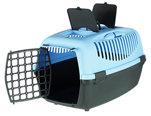 Image of Trixie Capri Durable Plastic Pet Carriers with Handles, Storage Trays, and Stroking Flaps (Dark Grey /Pastel Blue, XS-S, Capri 2)
