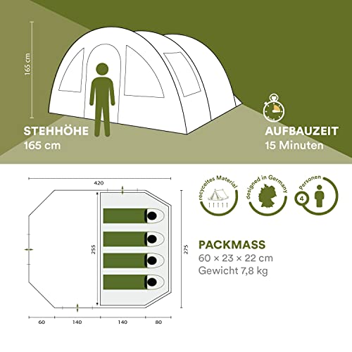 Skandika Kambo Tunnel Family Tent with 3 Entrances, Sun Canopy, 3000 mm Water Column, 4-Person (Blue)