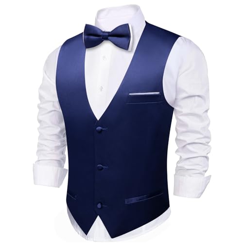 Image of Barry.Wang Mens Suit Vest Bow Tie Set 4PCS Formal V-neck Slim Fit Casual Solid Color Waistcoat Wedding Party Tuxedo