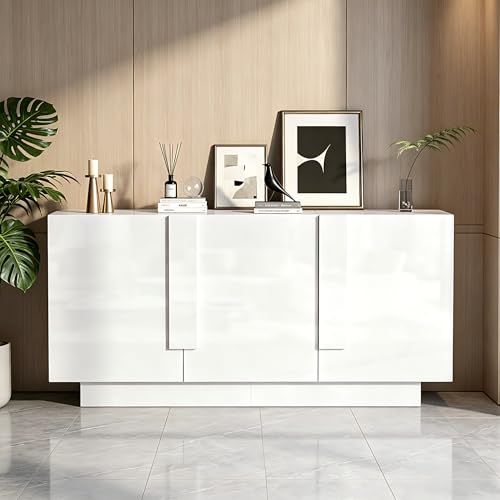Nolirx Buffet pour Salon avec 3 Portes et 6 Compartiments, bahut pour Cuisine et Salle à Manger, Finition laquée Brillante, Un vaste Espace de Rangement, 160 x 35 x 60 cm (Blanc-08W)