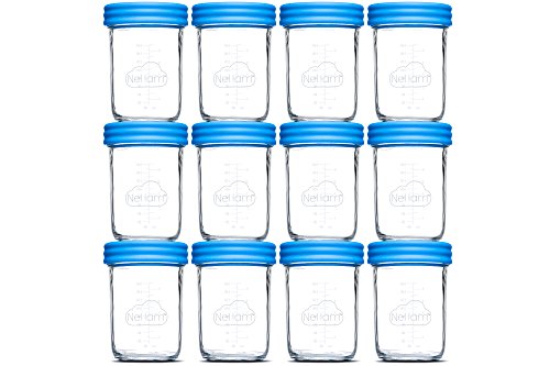 Nellam Baby Food Storage Containers - Leakproof, Airtight, Glass Jars for Freezing & Homemade Babyfood Prep - Reusable, BPA Free, Microwave & Freezer Safe (12x8oz, Blue)