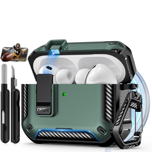 Image of for AirPods Pro 3 Case with Lock & Phone Stand(Light Green) | Automatic Snap Switch Lock,Carbon Fiber Texture Design Cover with Cleaner Kit,Compatible with MagSafe
