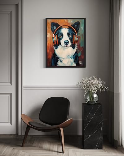 Image of Border Collie Music Headphone Wall Black Framed Art Print Poster, Dog Pet Lover Picture Painting Artwork Bedroom Living Room Office Dining Room 150D (Border Collie Music Headphone, 14 inchL x 11 inchW, Black Frame)