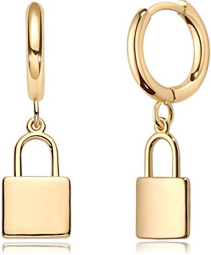 Mevecco Gold Lock Huggie Hoop Earrings Dainty Dangle Hoop Earrings for Women 14K Gold Plated Delicate Dangle Sleeper Huggy Earrings (lock)