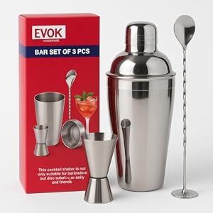 Cocktail Shaker Set, 3 Pcs Satinless Steel Cocktail Making Set with 750 ml Shaker, Double Jigger 25 & 50 ml & 27.5cm Mixing Spoon, Baternder Cocktail Kit for Home, Christmas & Party