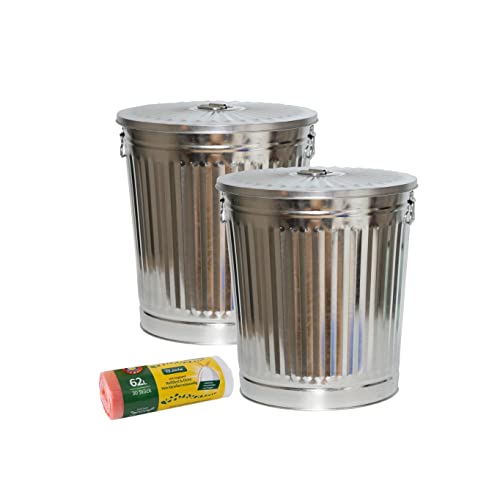 Jinfa Lot de 2 poubelles en métal galvanisé avec poignées et couvercle + 30 sacs poubelles | Zinc | 62L