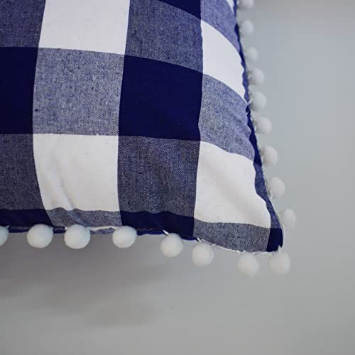 2 Pieces Gingham Pillow Cases Cotton Buffalo Check Plaid Decorative Throw Pillow Covers With Pom-Poms 2 Pcs Cushion Case Retro Farmhouse Pillowcase For Sofa Couch Car 12 X 12 Inch Navy Blue White #TOP4