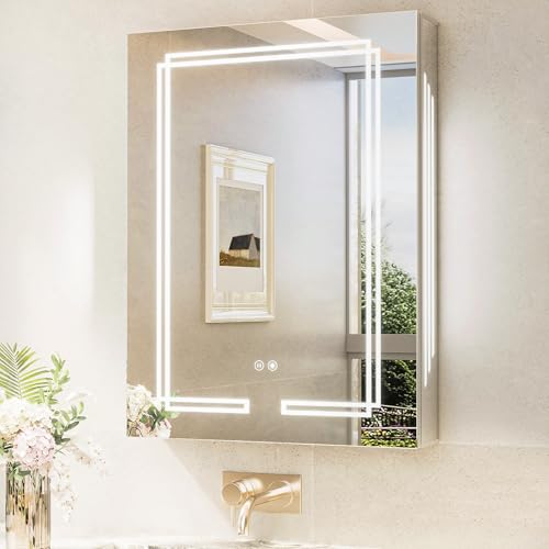 TokeShimi 24 x 32 Bathroom Medicine Cabinet with Mirror LED Tempered, 3 Color Lighted Medicine Cabinet Mirrored with Stepless Dimming, CRI 80+, Anti-Fog, Memory Funtion, Wall Lit Mirror with Storage