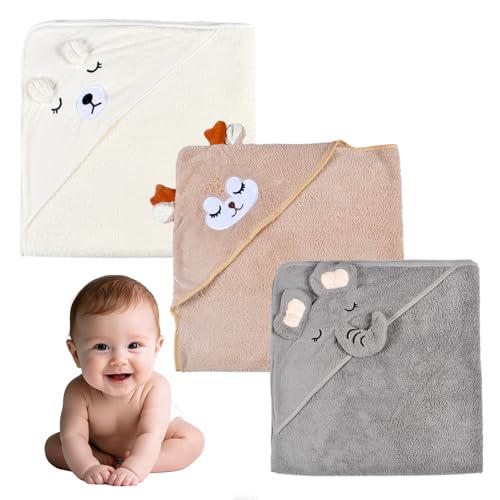 Tundwhite 3Pcs Cape De Bain Bebe, Serviette De Bain Bébé Cape De Bain Bebe Garcon Serviette Éponge,Douces & Absorption Forte,Peluche De Corail De Haute...