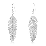 NUNAGIN Bohemian Floating Feathers Dangle Earrings - Long Hanging Metal Link Leaf Drops for Women -Lightweight Layered Dangling Leaves Hook Earrings (Silvery)
