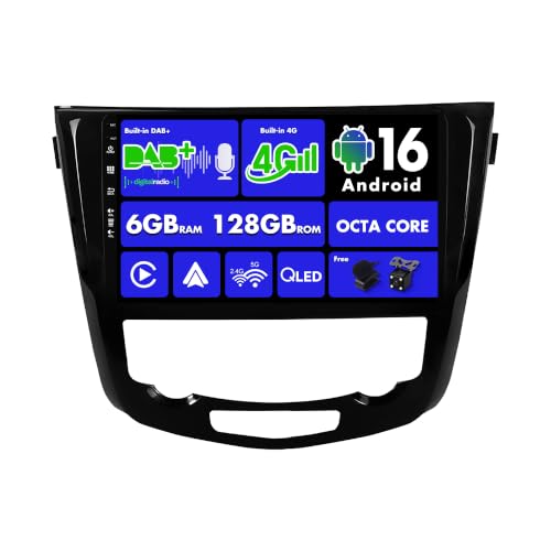 SXAUTO Android 16 [Built-in 4G LTE & DAB] - 6G+128G - Autoradio für Nissan X-Trail Qashqai J11 Rouge(2014-2018) - Dual Band WiFi - CarPlay Android Auto - Kamera + MIC - QLED 10.1 Zoll 2 Din 8-Core