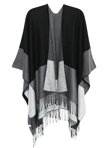 DiaryLook Damen Poncho Schal Winter Cardigan Übergroße Cape Elegant Poncho Für Frauen Umhang Damen Warm Geschenk Für Mutter Schwarz Hellgrau Gestreift