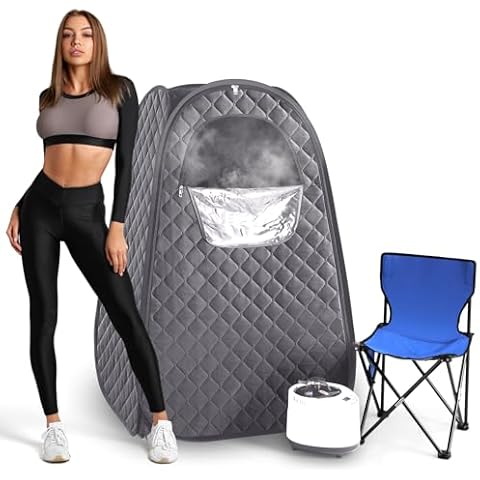 Portable Steam Sauna Full Body for Home Spa, Sauna Tent with 2.6L Steamer, 1000W Generator, 90 Minute Timer, Chair, Remote Control Included(Gray) Cover