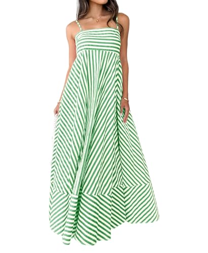 Image of NUFIWI Women Summer Striped Maxi Dress Spaghetti Strap Cutout Ruffle Long Dress Flowy Swing Beach Vocation Dress