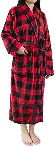 PAVILIA Plush Robe For Women | Buffalo Plaid Red Black Fluffy Soft Bathrobe | Luxurious Fuzzy Warm Spa Robe, Cozy Fleece Long Robe | Small-Medium