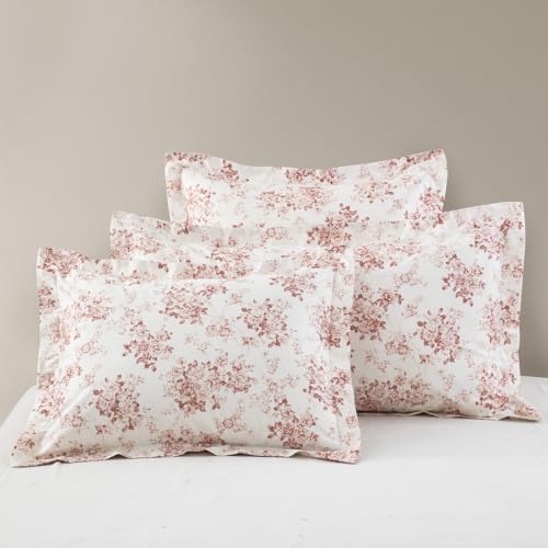 DAUAOTO Euro Shams 100% Cotton Square Pillow Cover Set of 2, 26"x26" Pillowcases, Toile Rose Floral Pattern, Pale Red