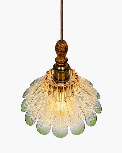 Image of Homesake Botanica Pendant Lamp | Petal Scalloped Glass Hanging Light with Solid Wood Top | Vintage European Ceiling Fixture, Pendant Light for Home Decor, Hallway, Foyer & Balcony, (Petal, Green)