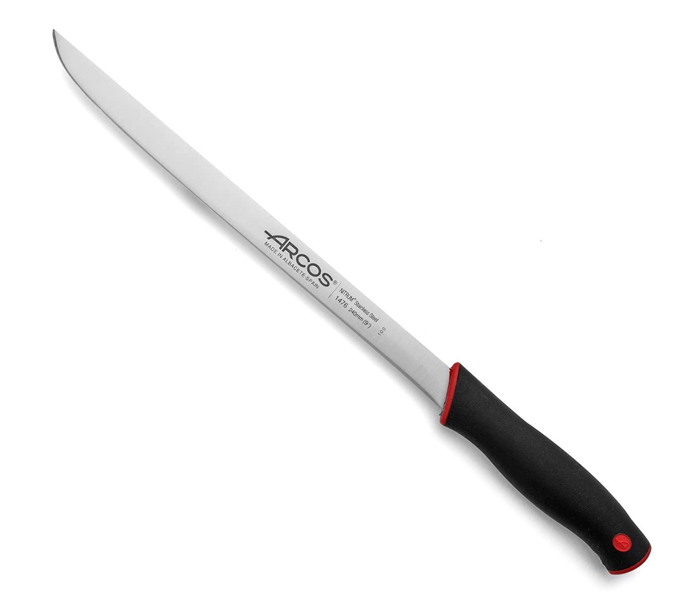 Arcos Duo Series - 9" Slicing/Ham Knife - Nitrum Stainless Steel Blade - Polypropylene Handle Covered in Black and Red Elastomer - 7'' Size