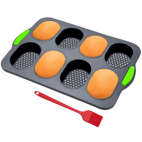 Xpieoyrm Brötchen Backform Silikon, Antihaft Backblech Brotbackformen, 8 Hohlräume Brötchenform mit Ölpinsel, französische Brotform, Baguette Backform, für Backt French-Bread,Brötchen und Breadstick