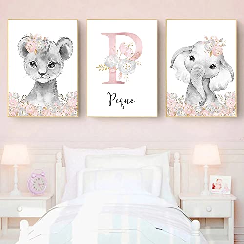 3 Poster Nombre Personalizado Bebe Laminas Rosa y Gris Safari Elefante León Cuadro Habitacion Dormitorio Niña Niños Decoración Pared Lienzo Infantil Regalo 30x40 cm sin Marco