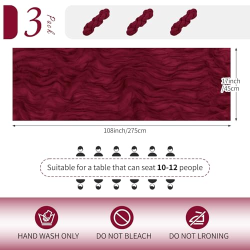 RealBox 3 Pack Burgundy Cheesecloth Table Runner 17x108 Inch Semi Sheer Boho Gauze Cheese Cloth Fabric Table Runners Table Decor for Wedding Party Baby Shower Birthday Home Decor Garden Farmhouse by RealBox - Image 2