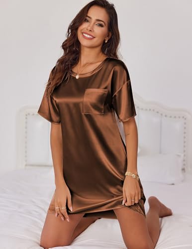 Image of Ekouaer Silky Satin Sleep Shirts for Women Nightshirt Tshirt Night Gowns | Short Sleeve Pajama Dress Round Neck Shirt Dress With Chest Pocket Cooling Nightgowns Lightweight Sleepwear