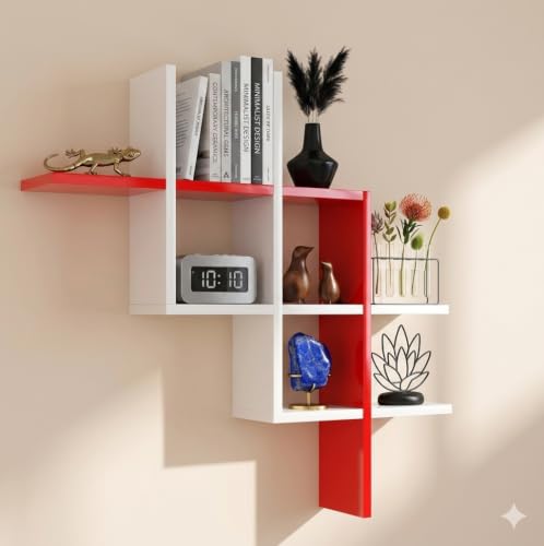 Image of Wooden Wall Shelves for Living Room, Kitchen, Hallway, Bedroom, and Bathroom; Wall Mounted Book Shelf; Wall Shelf for Photos and Decorations; Bend Shelve-White and Red