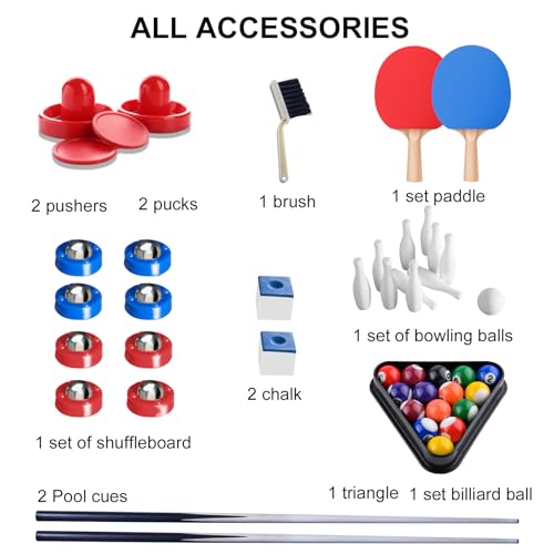 54\" Upgrade Multi Game Table,5 in 1 Folding Portabel Games with Accessories,Ping Pong,Pool Billiard,Shuffleboard,Bowling,Hockey Combo Game Set for Indoor and Outdoor Family Game Table