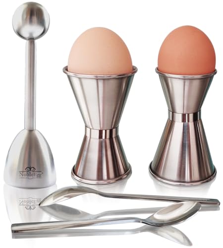 NobleEgg Egg Cups for Soft Boiled Eggs, All Sizes, Topper, Spoons, 18/8 Stainless Steel, Set for 2