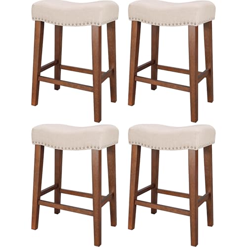PrimeZone 26 Inch Counter Height Saddle Bar Stools Set of 4, Beige | Backless Barstools with Padded Linen Seat, Solid Wood Frame, Footrest & Nailhead Trim, Modern Farmhouse for Kitchen Island