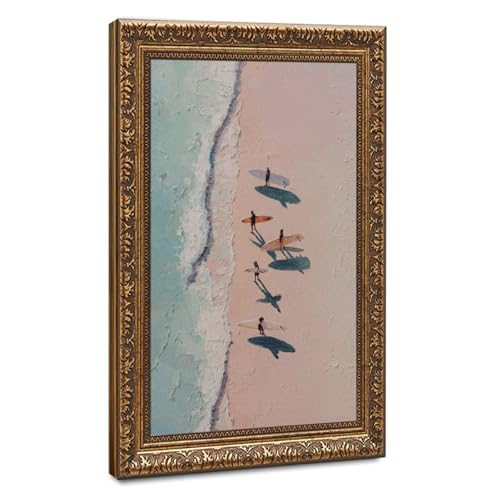 Surfers on Pink Beach Canvas Wall Art, Abstract Coastal Seascape