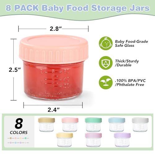 RowinsyDD 8 Pack Glass Baby Food Storage Containers, 4 oz Leakproof Baby Food Jars with Lids, Small Glass Food Containers for Infant Baby, Freezer Safe