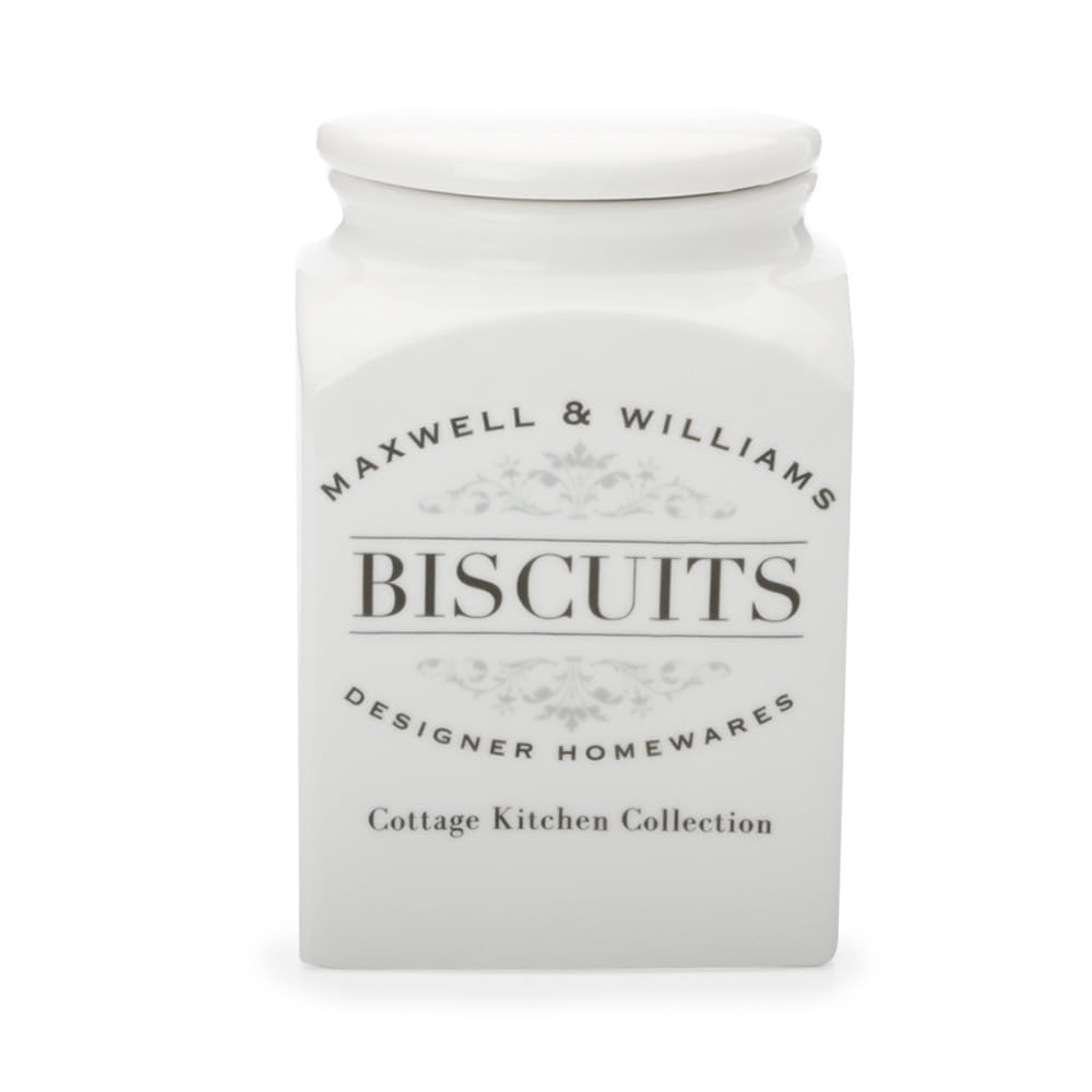 Maxwell & Williams Barattolo Per Biscotti In Porcellana Bianca Da 3 Litri, Stile Cottage Kitchen, Con Coperchio Ermetico E Manico In Legno
