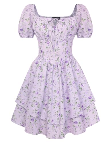 Image of SCARLET DARKNESS Women's Summer Corset Dress Puff Sleeves Floral Short Dress Mini A-line Dresses for Beach Purple and Purple Floral M
